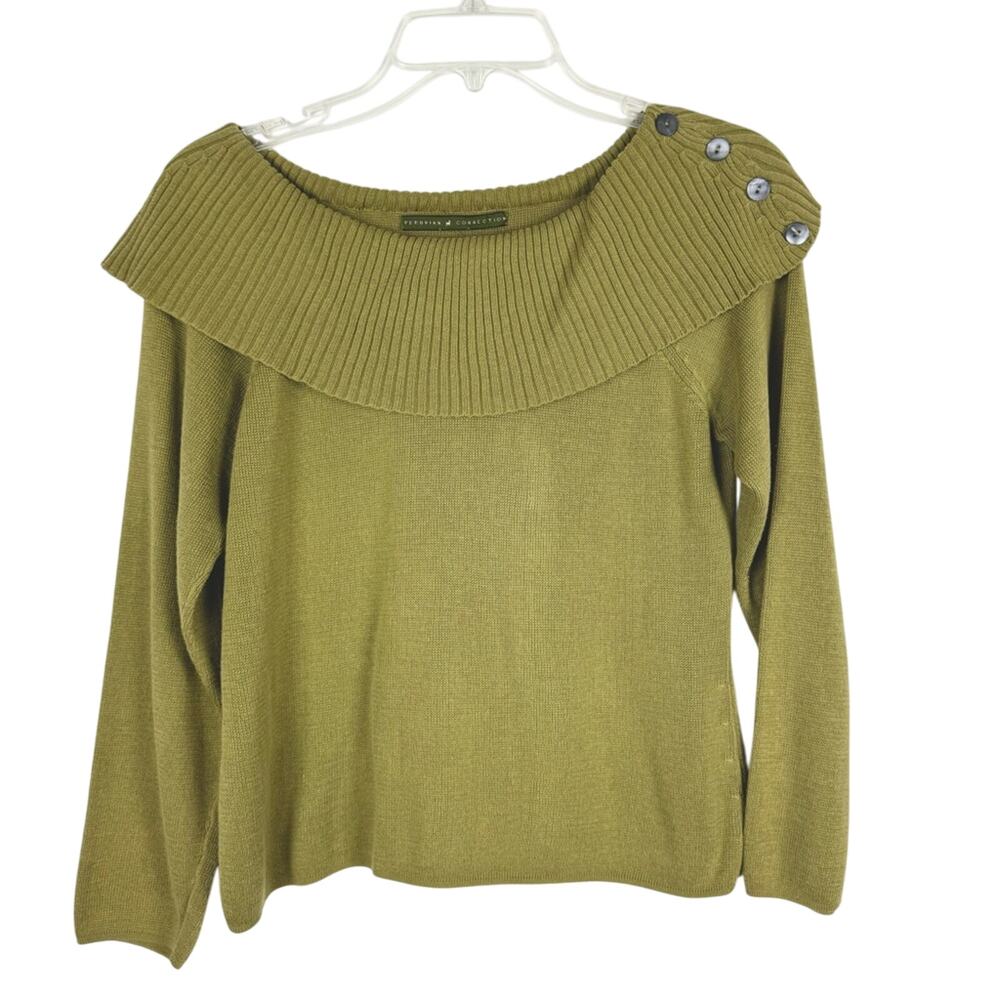 Peruvian Connection Green Draped Collar Wide Neck Sweater Sz XS/S Preppy Coastal